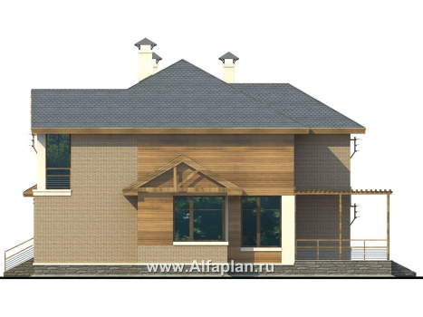 «Вектор» - проект двухэтажного дома из газобетона, с кабинетом, с террасой и с панорамными окнами - превью фасада дома