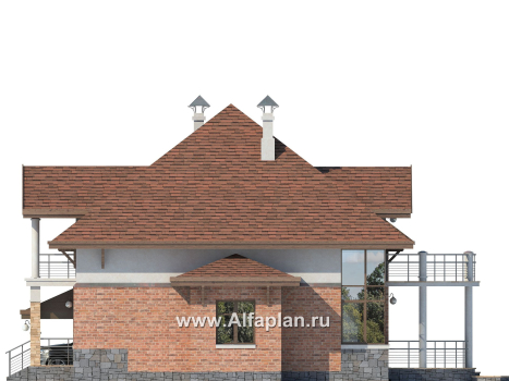 «Брилланте» - проект дома с мансардой, из кирпичей, с террасой и гаражом-навесом, с пирамидальной кровлей - превью фасада дома
