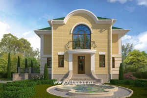 Проект двухэтажного дома, план с гостевой на 1 эт и с террасой, мастер спальня, сауна и бассейн в цоколе, в русском стиле