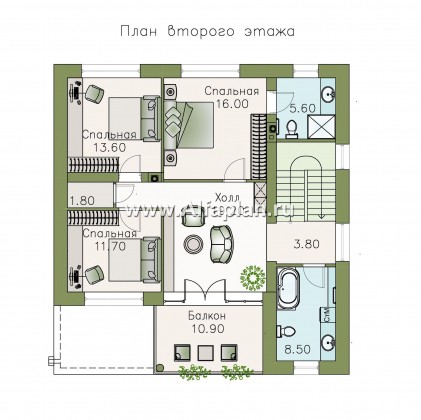 «Гоген» - проект двухэтажного дома из газобетона, с террасой, стиль баухаус с эксплуатируемой кровлей - превью план дома