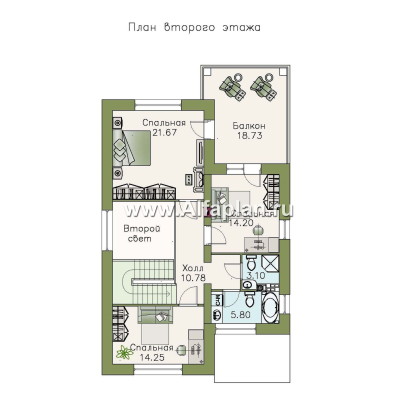 «Монрепо» - проект двухэтажного дома с фото, планировка со вторым светом столовой, для узкого участка - превью план дома