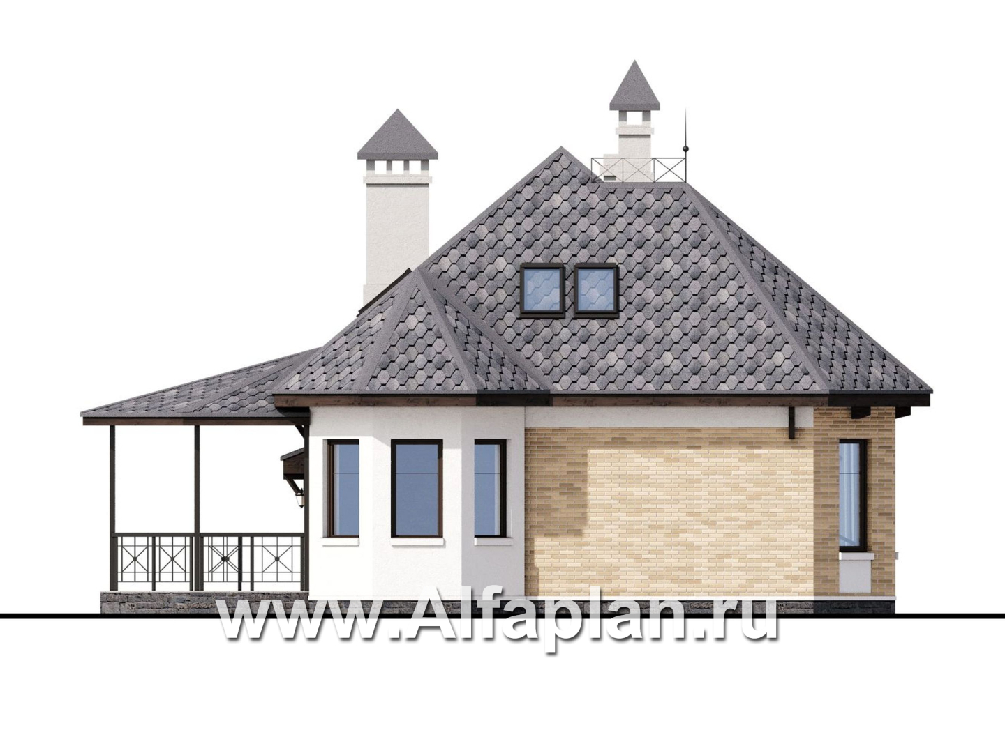 Проекты домов Альфаплан - «Душечка» - небольшой дом с мансардой и гаражом - изображение фасада №3