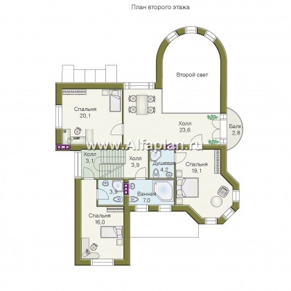 «Паркон» - проект двухэтажного дома, в стиле замка,   с угловой башней, вторым светом и террасой - превью план дома