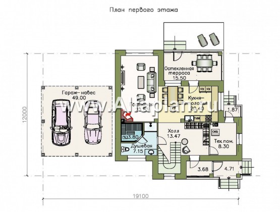 Проекты домов Альфаплан - «Кваренги» - коттедж с террасой и навесом для машины - превью плана проекта №1