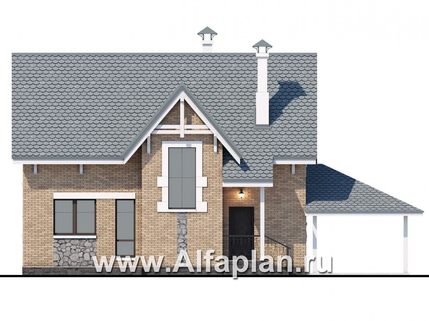Проекты домов Альфаплан - Коттедж из кирпича «Семейное гнездо» с навесом для машины - изображение фасада №4