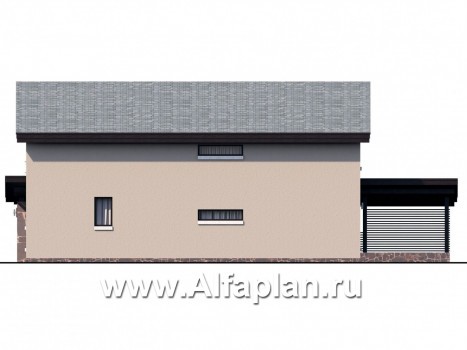 «Писарро» - проект двухэтажного дома для узкого участка, с террасой и сауной, с односкатной кровлей в стиле минимализм - превью фасада дома