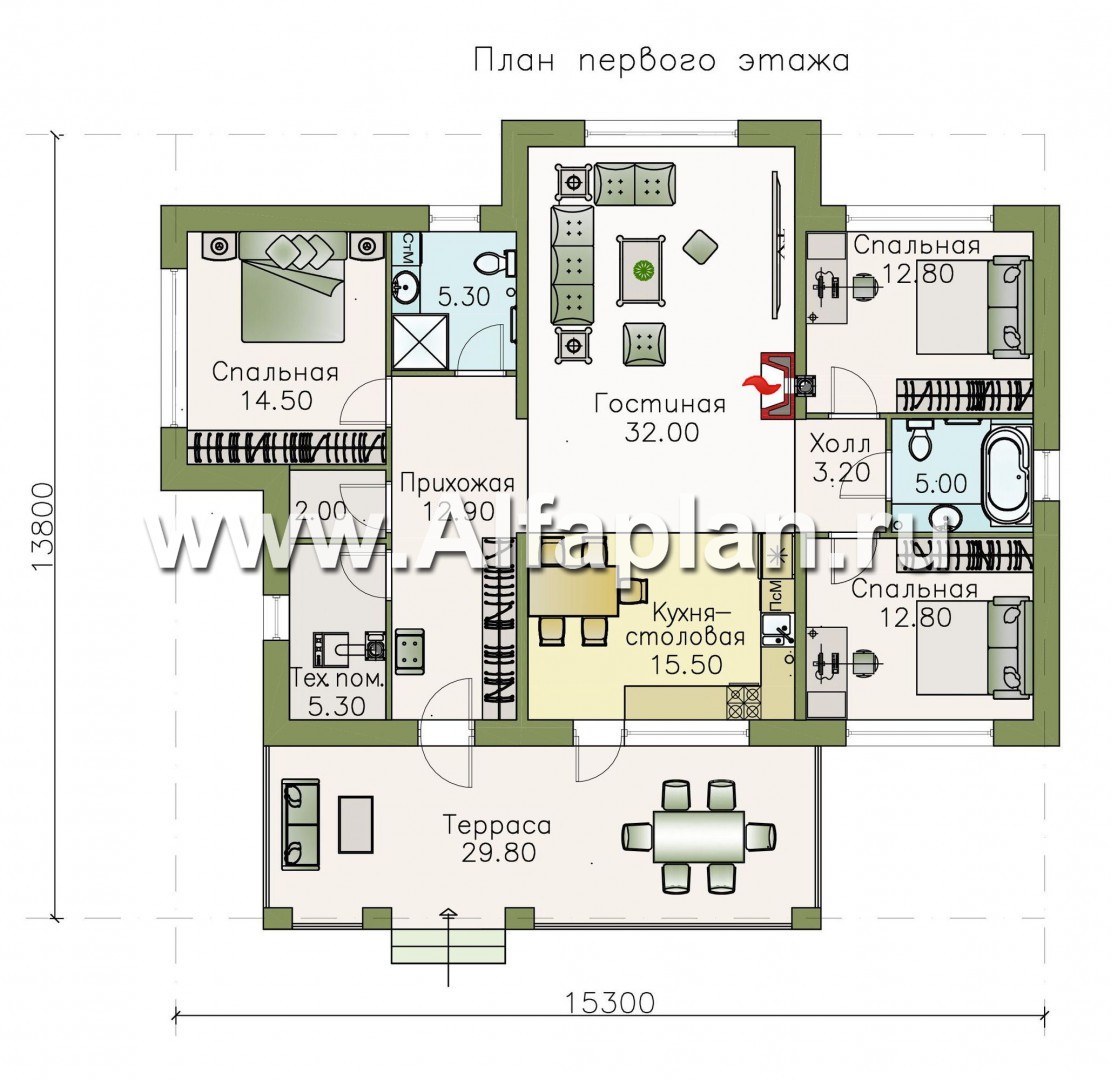 Проекты домов Альфаплан - «Талия» - современный одноэтажный коттедж с террасой - изображение плана проекта №1