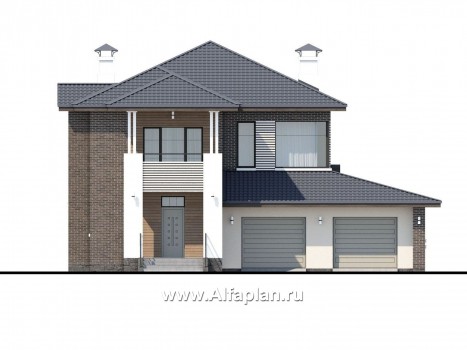 «Новый поворот» - красивый дом,  проект двухэтажного коттеджа с террасой, мастер спальня, с гаражом - превью фасада дома