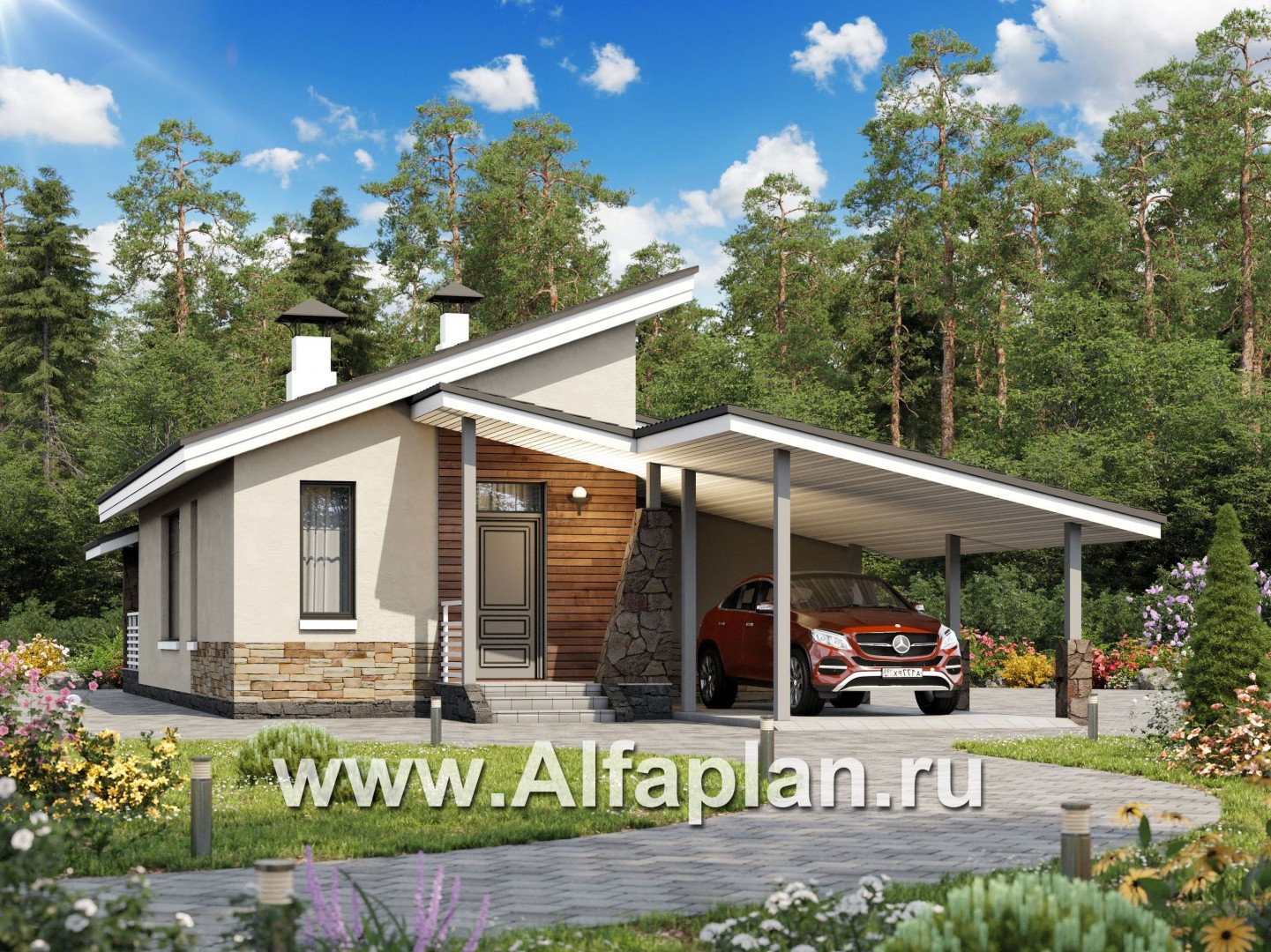 Проекты домов Альфаплан - «Дриада» - одноэтажный дом с гаражом-навесом - основное изображение