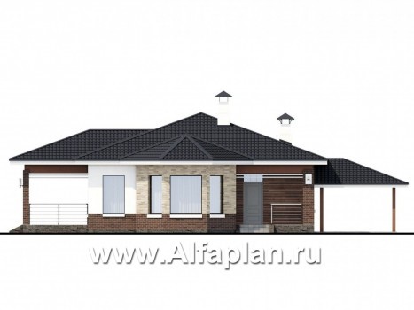 Проекты домов Альфаплан - «Гемера» - стильный одноэтажный дом с эркером и гаражом-навесом - превью фасада №1