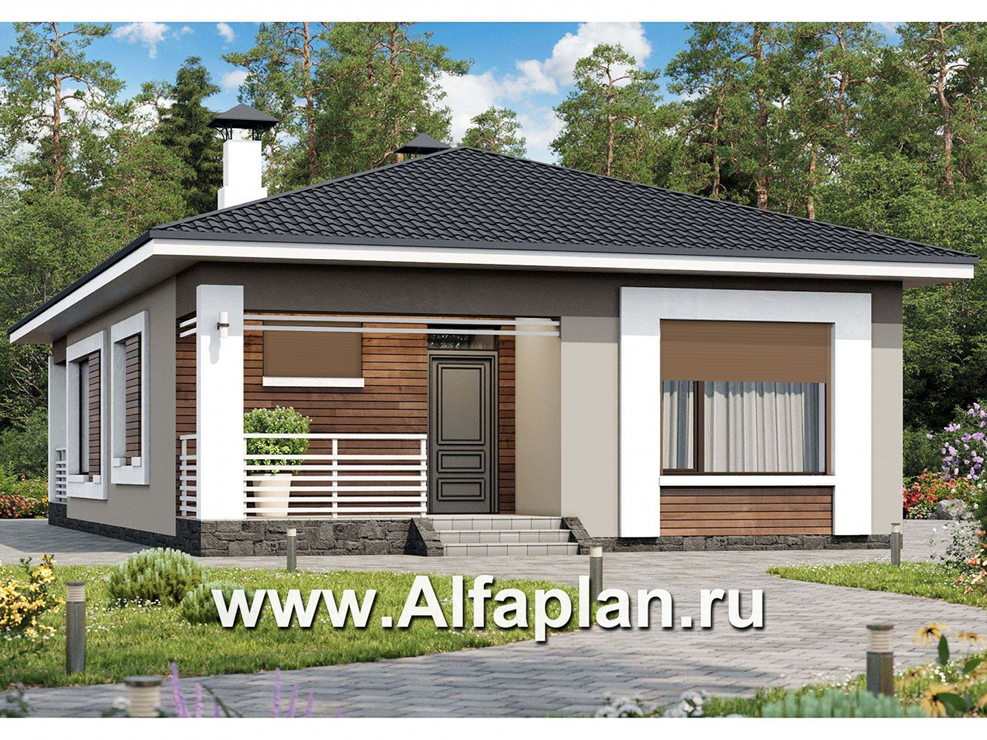 Проекты домов Альфаплан - «Каллиопа» - одноэтажный дом для узкого участка с тремя спальнями - основное изображение