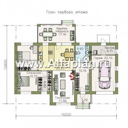 Проекты домов Альфаплан - Проект одноэтажного дома из кирпичей «Княженика», с гаражом - превью плана проекта №1