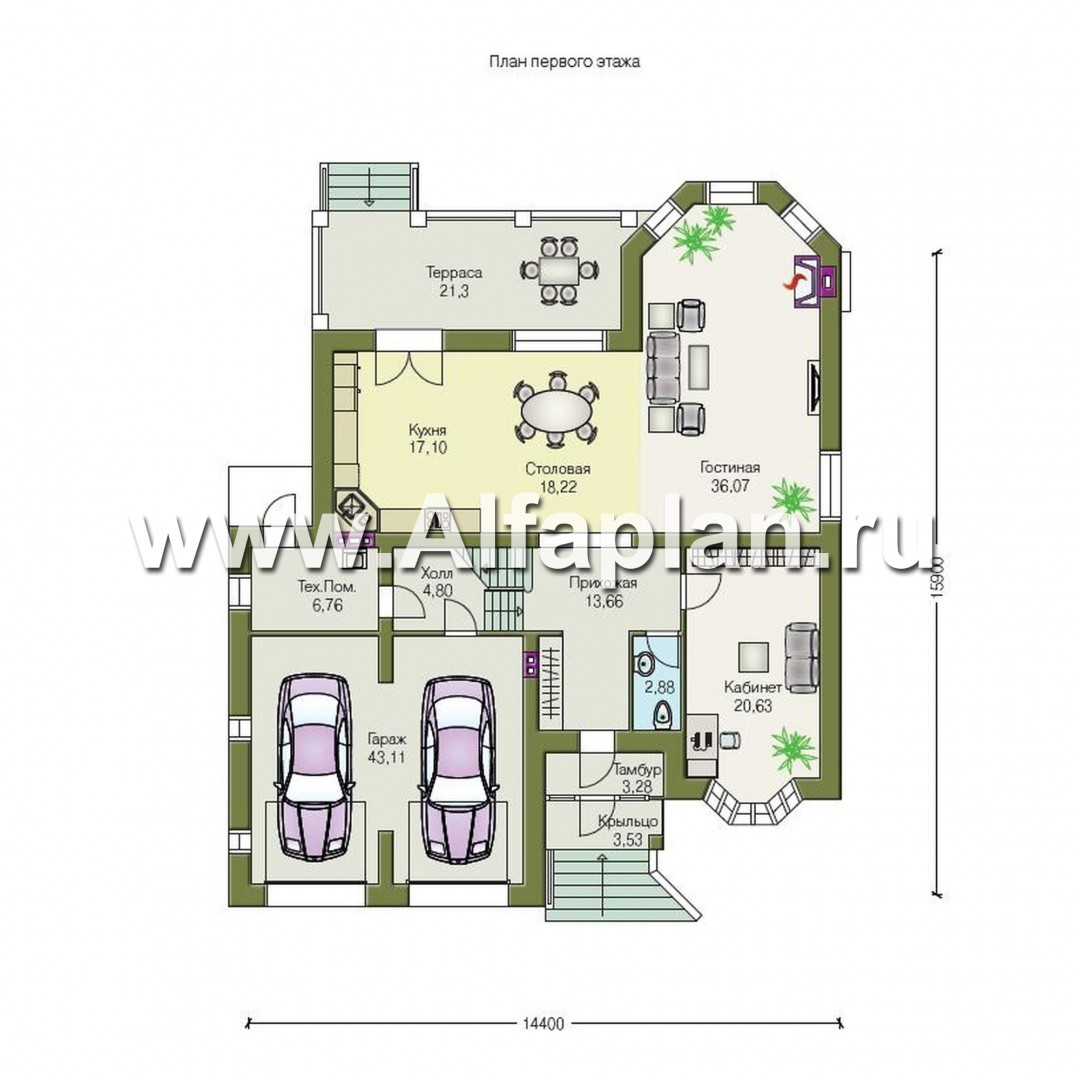 Проекты домов Альфаплан - «Эвридика» - красивый загородный дом с гаражом на две машины - план проекта №1