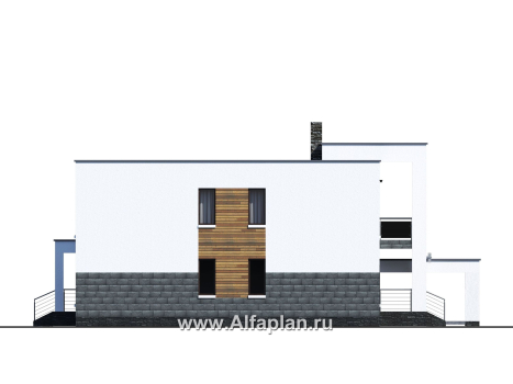 Проекты домов Альфаплан - «Футура» - современный двухэтажный дом с плоской кровлей и гаражом-навесом - превью фасада №3