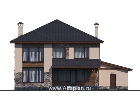 Проекты домов Альфаплан - «Родос» - стильный двухэтажный дома с гаражом на две машины - превью фасада №3