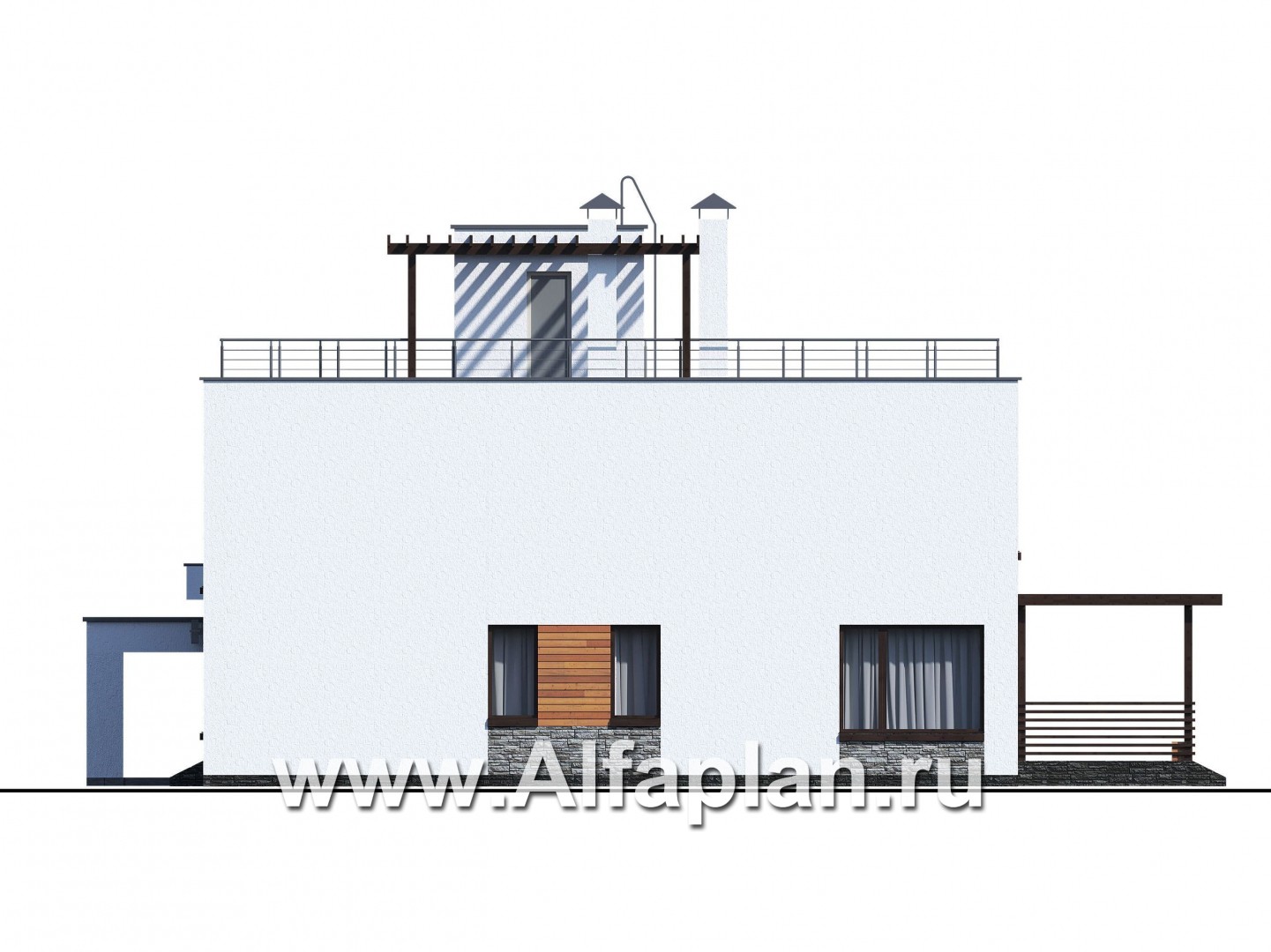 Проекты домов Альфаплан - «Золотой ключик» — современный дом с плоской эксплуатируемой кровлей и гаражом-навесом - изображение фасада №3