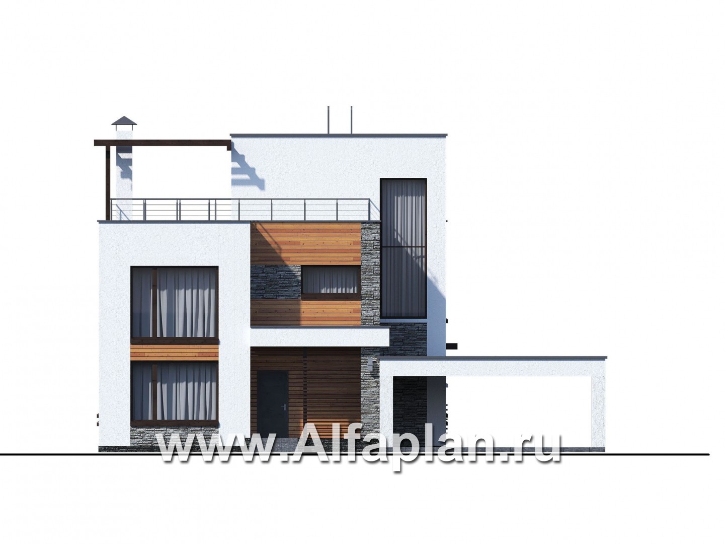 Проекты домов Альфаплан - «Золотой ключик» — современный дом с плоской эксплуатируемой кровлей и гаражом-навесом - изображение фасада №1