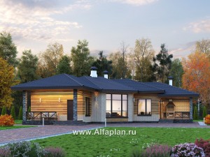 Проекты домов Альфаплан - "Ореол" - проект углового одноэтажного дома с террасой - превью основного изображения