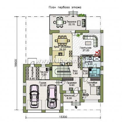 «Золотой ключик» - проект двухэтажного дома из газобетона, планировка все спальни с душевыми, гараж на 2 авто - превью план дома