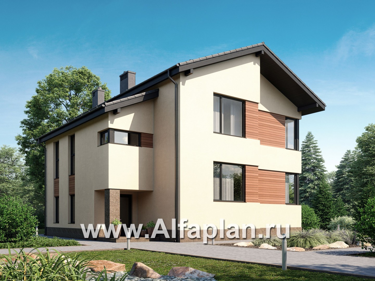 Проект двухэтажного дома, планировка с лестницей в центре, в современном стиле - основное изображение