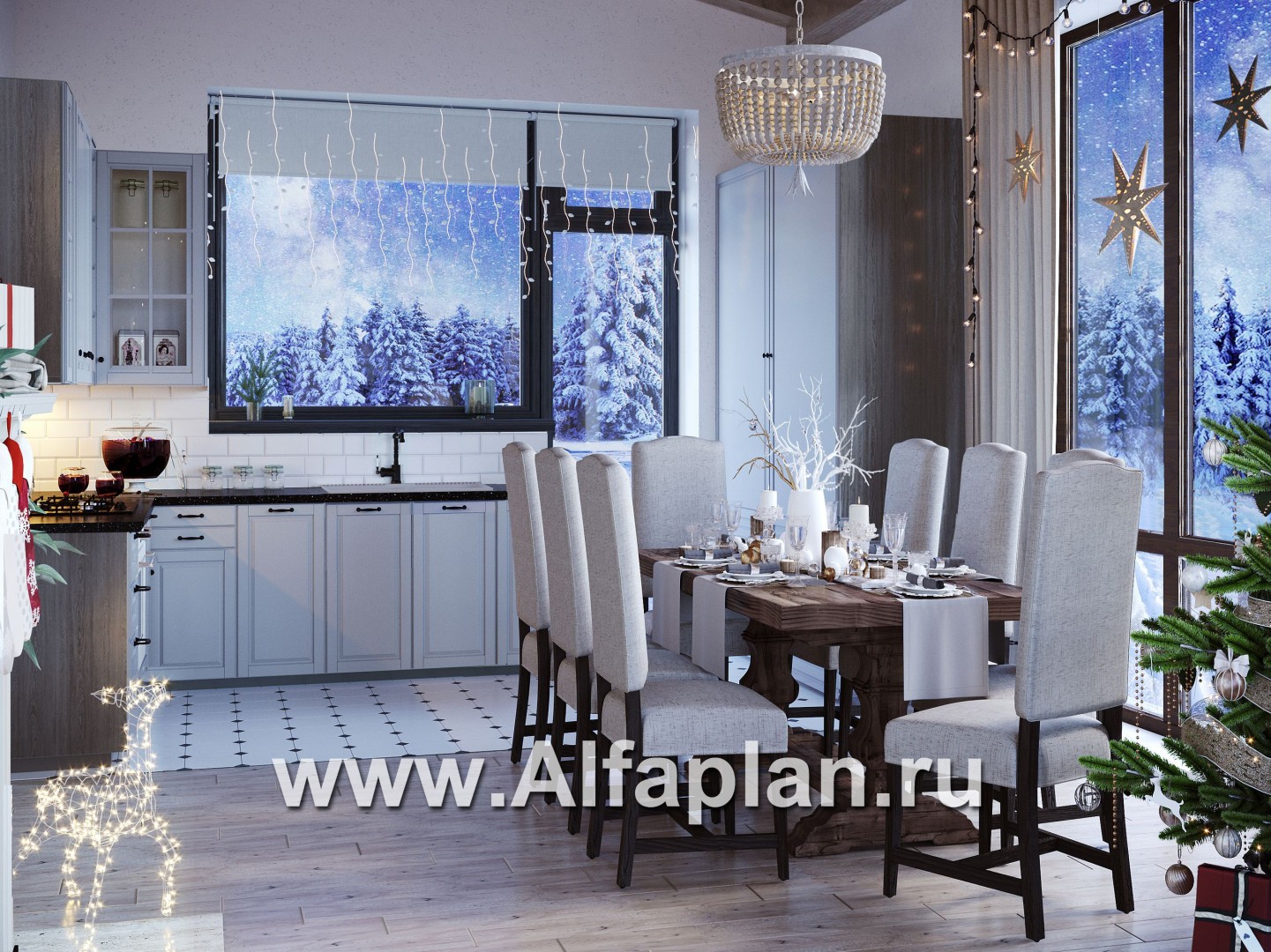 Проект современного загородного дома, планировка с высокой гостиной, две спальни на 1 эт, с террасой - дизайн дома №3