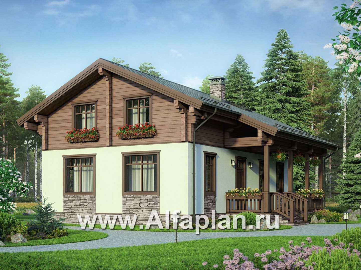 Проект дома с мансардой, планировка две спальни на 1 эт, с террасой,в стиле шале - основное изображение