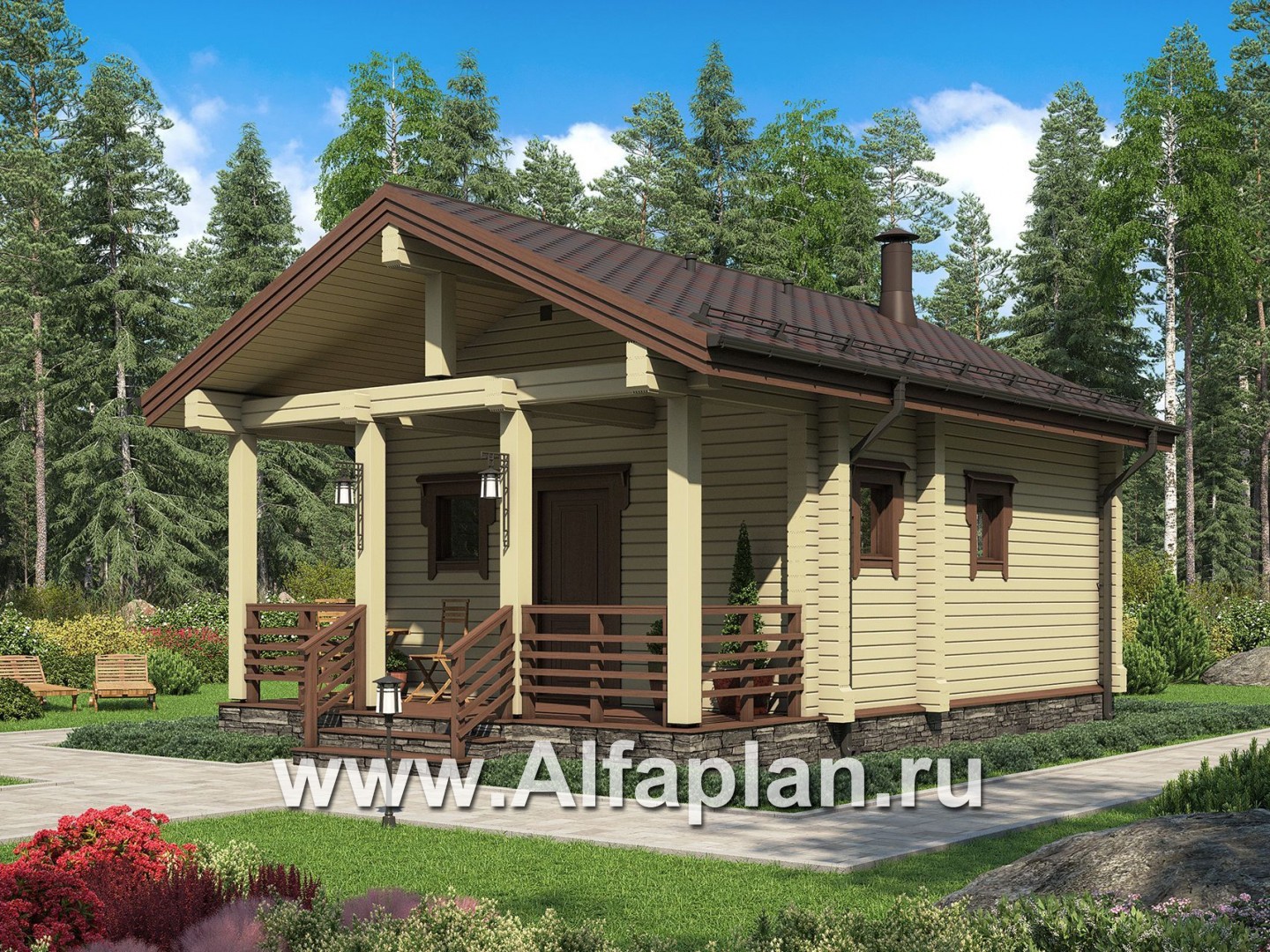 Проект одноэтажной бани из бруса, с террасой - основное изображение