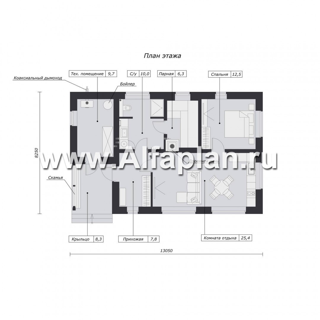 Проект бани, планировка со спальней, с односкатной кровлей в современном стиле - план дома