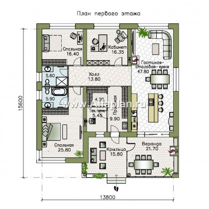«Фортис» - проект одноэтажного дома, с террасой, с плоской кровлей, в стиле минимализм - превью план дома