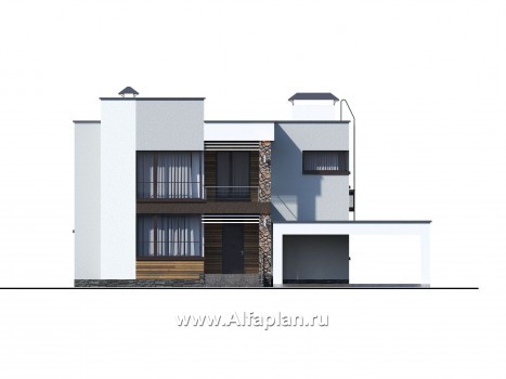 Проекты домов Альфаплан - «Престиж» - проект удобного и просторного дома с плоской кровлей, и гаражом-навесом - превью фасада №1