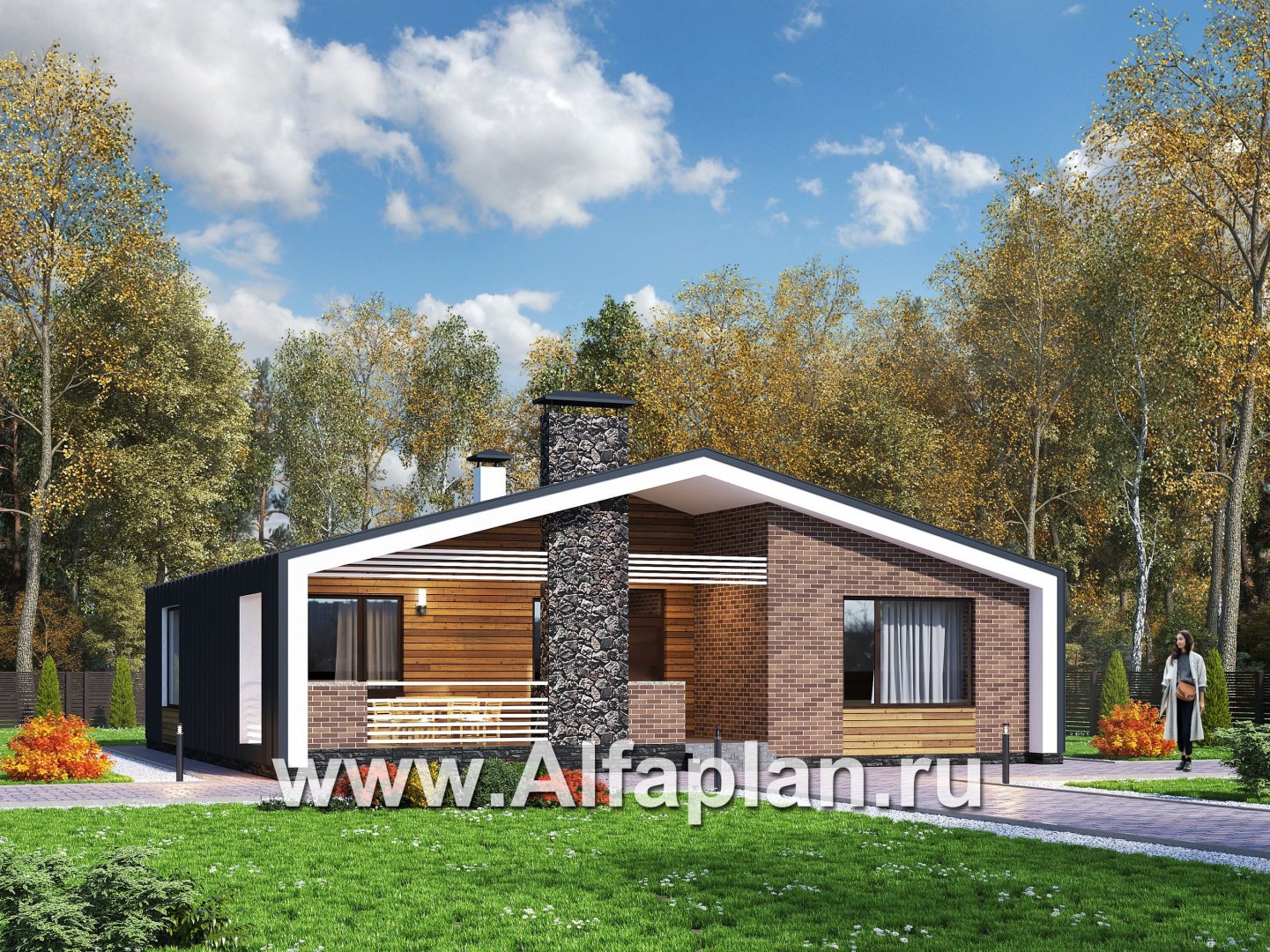 Проекты домов Альфаплан - «Веда» - проект одноэтажного дома в стиле барн (три спальни) - основное изображение
