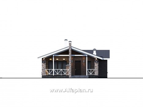 «Гестия» - проект одноэтажного дома, с барбекью на террасе, с двускатной крышей - превью фасада дома