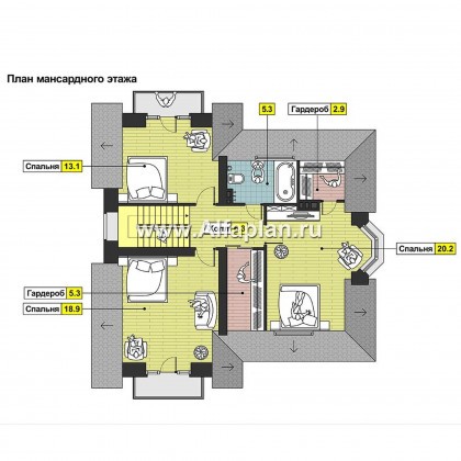 Проект коттеджа с мансардой, планировка с кабинетом и эркером, дачный дом - превью план дома