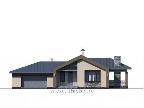 «Аркада» - проект одноэтажного дома, современный стиль, барнхаус, с террасой и с гаражом - превью фасада дома