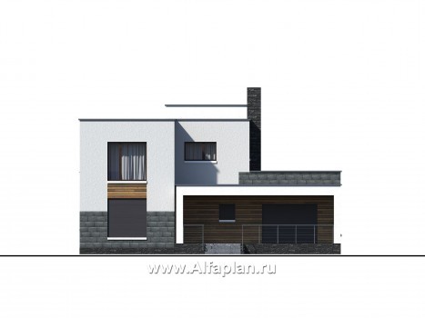 «Футура» - современный двухэтажный дом, с террасой и сауной, с плоской крышей, в стиле модернизм - превью фасада дома