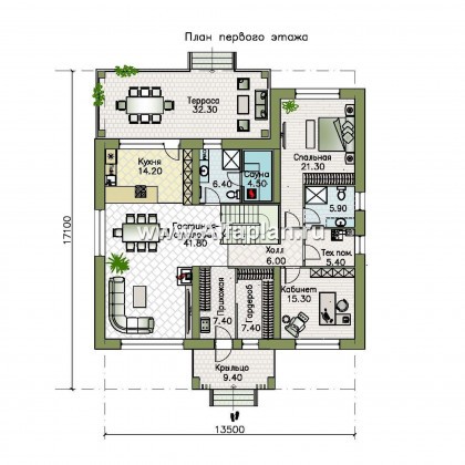 «Футура» - современный двухэтажный дом, с террасой и сауной, с плоской крышей, в стиле модернизм - превью план дома