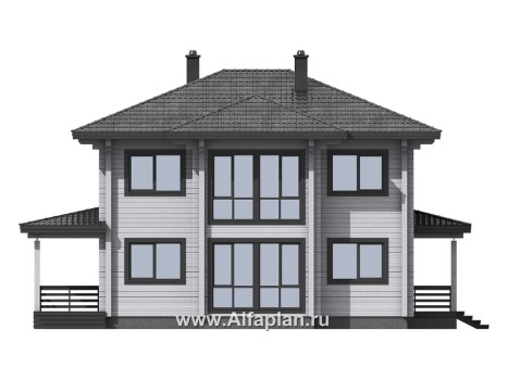 Проект двухэтажного дома из клееного бруса, планировка со спальней на 1 эт, с террасой - превью фасада дома