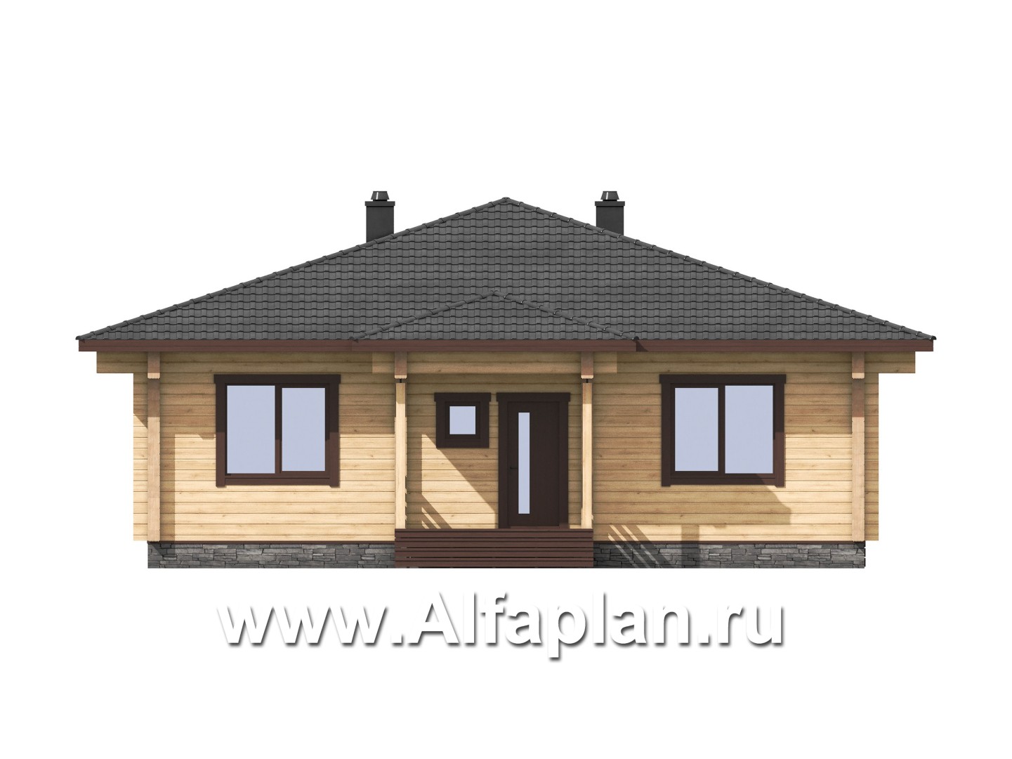 Проект одноэтажного дома из бруса, 3 спальни, дача с террасой, коттедж для отдыха - фасад дома