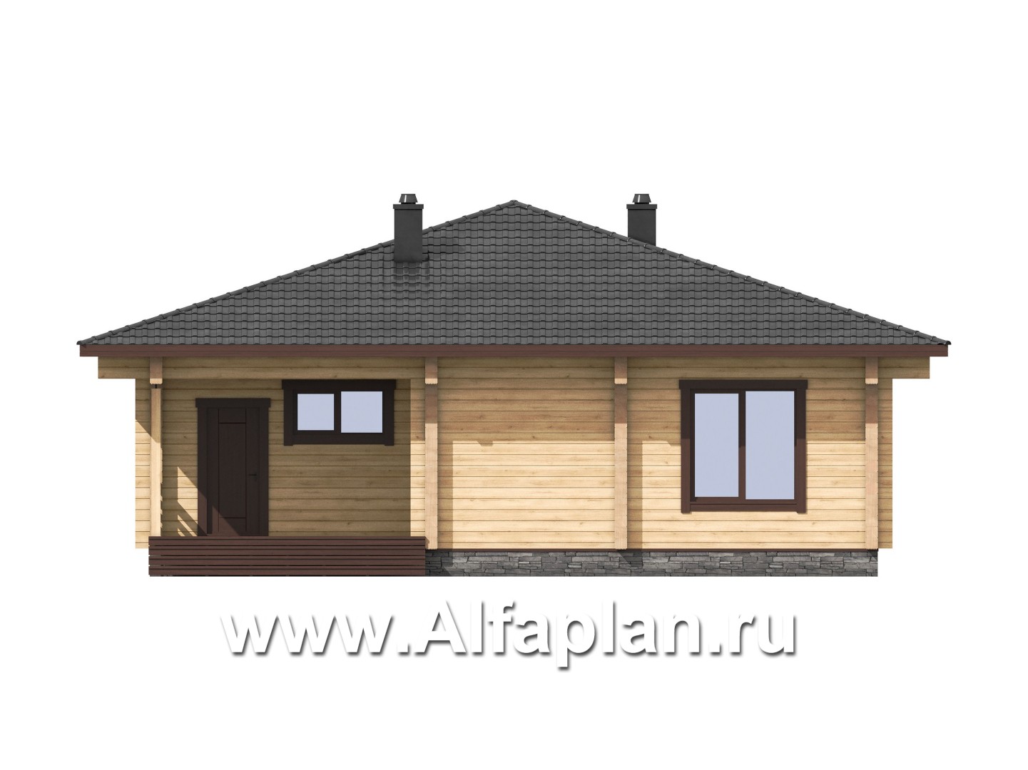 Проект одноэтажного дома из бруса, 3 спальни, дача с террасой, коттедж для отдыха - фасад дома