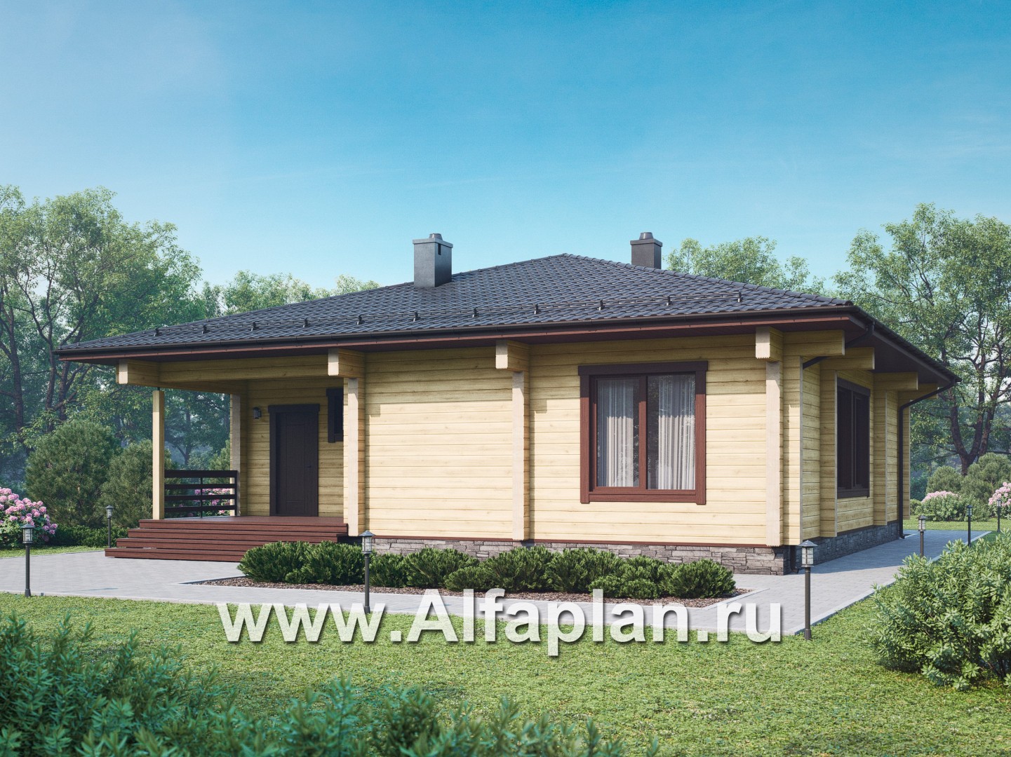 Проект одноэтажного дома из бруса, 3 спальни, дача с террасой, коттедж для отдыха - дизайн дома №1