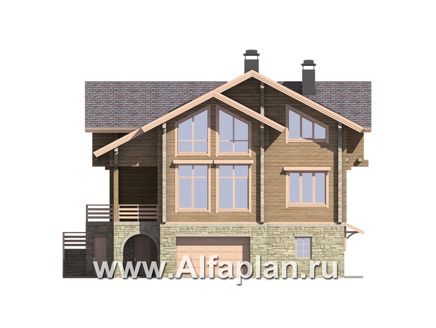 «Традиция» - проект дом с мансардой из бревен, с гаражом и сауной в каменном цоколе,  с террасой - фасад дома