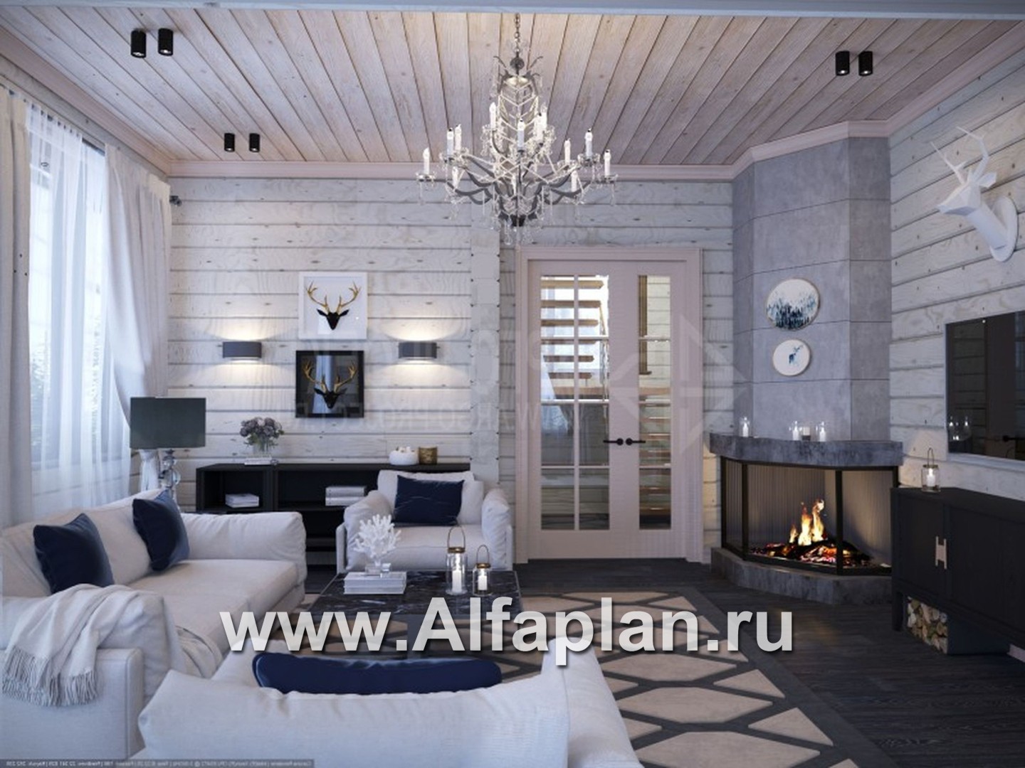 «Традиция» - проект дом с мансардой из бревен, с гаражом и сауной в каменном цоколе,  с террасой - дизайн дома №3