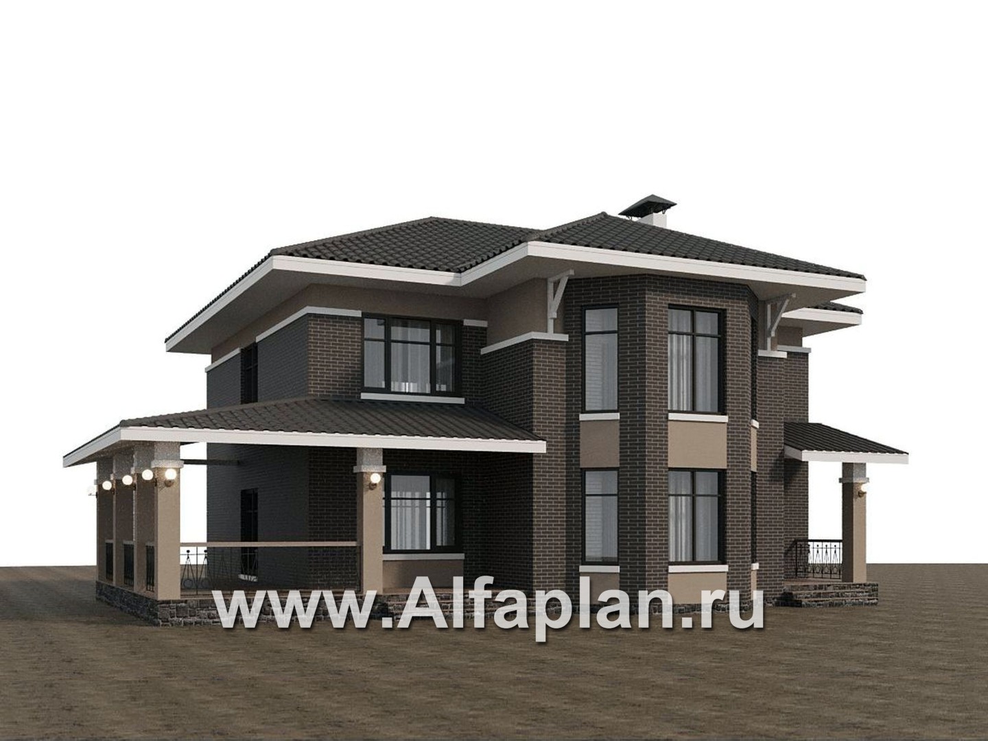 Проекты домов Альфаплан - Проект двухэтажного дома с эркером и лестницей в гостиной - дополнительное изображение №1
