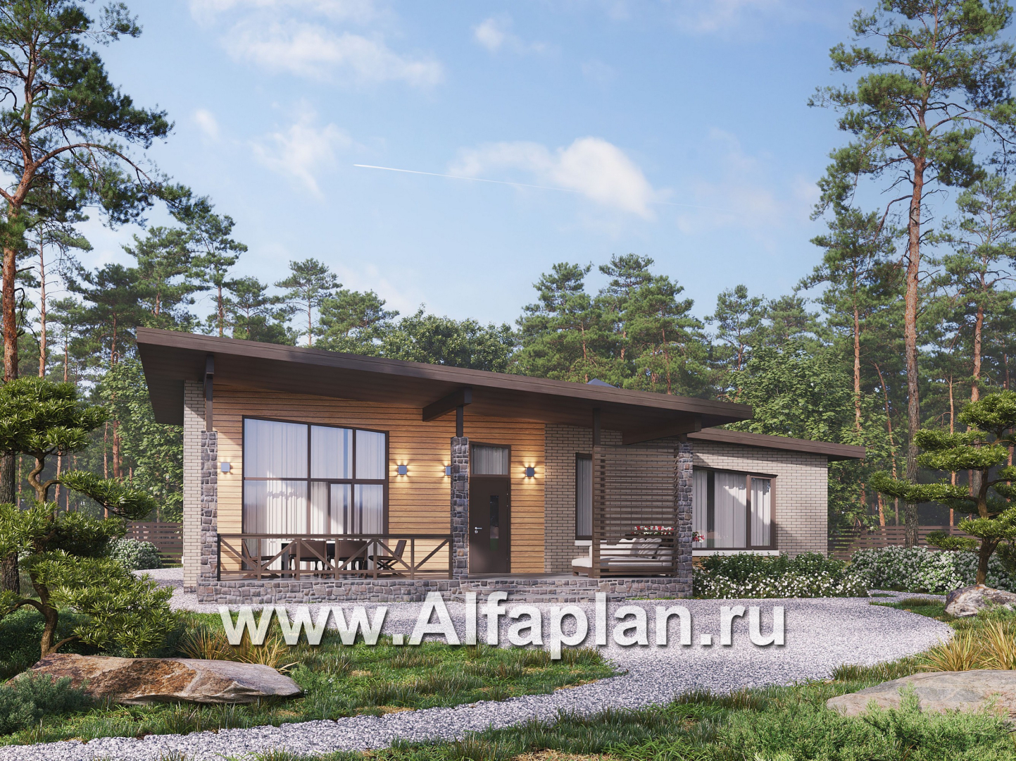Проекты домов Альфаплан - "Стрелец" -проект современного одноэтажного дома с односкатной крышей - основное изображение
