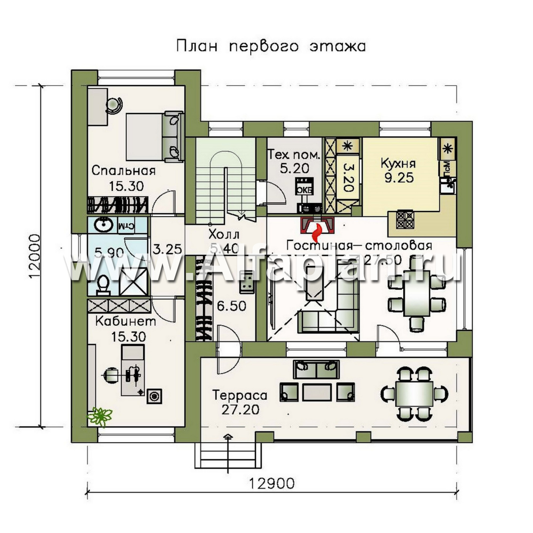 Проекты домов Альфаплан - «Ренуар» - изящный коттедж с двумя комнатами на первом этаже и вторым светом - изображение плана проекта №1