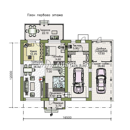 «Остров сокровищ» - проект комфортного, простого дома из газобетона, с гаражом и навесом для автомобилей - превью план дома
