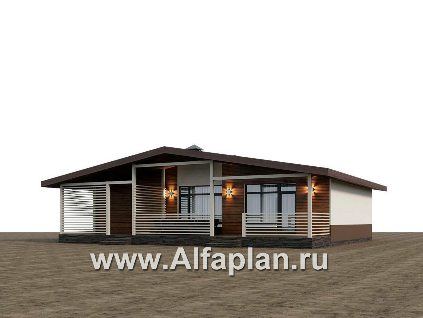 «Отрадное» - проект одноэтажного дома, с террасой, 3 спальни, с двускатной крышей - дизайн дома №2