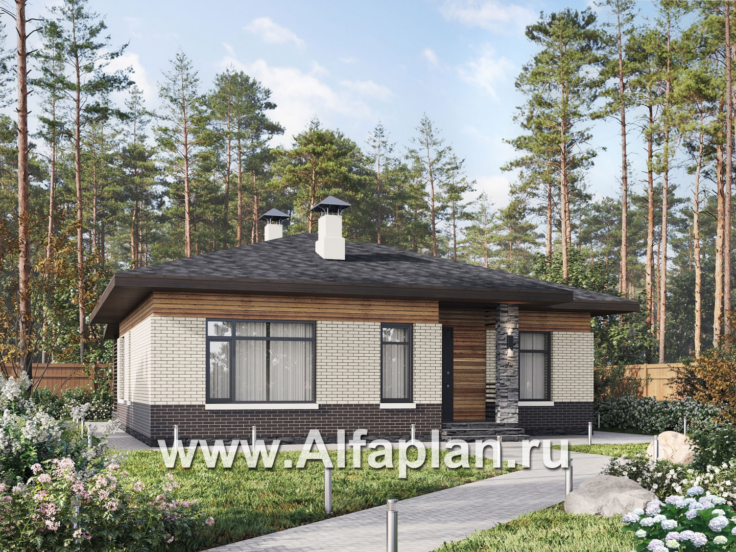 «Перламутр» - проект одноэтажного дома из газобетона, с террасой, 2 спальни - основное изображение