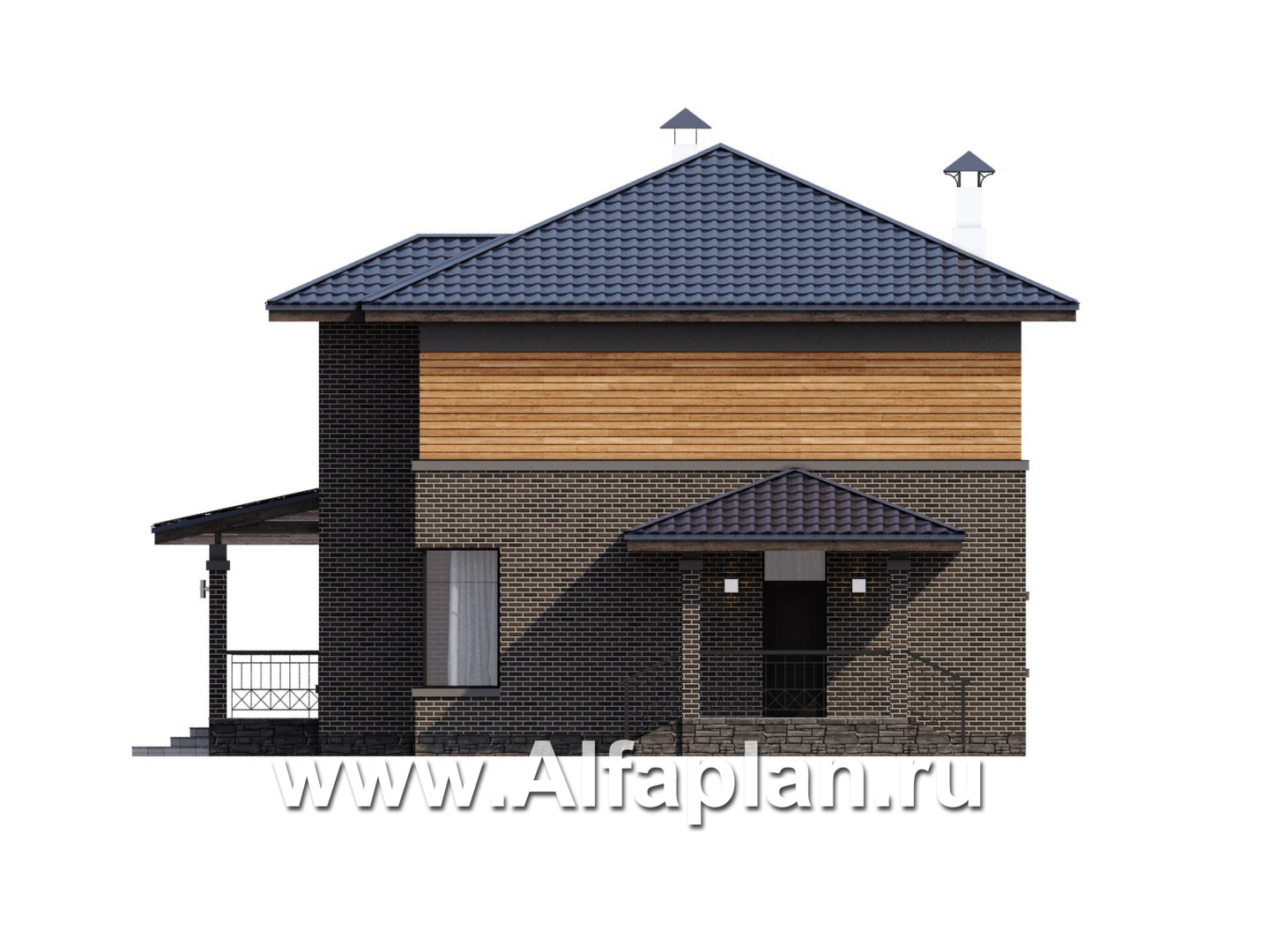 «Триггер роста» - проект двухэтажного дома, план со вторым светом, гостиная со стороны террасы, в стиле Райта - фасад дома