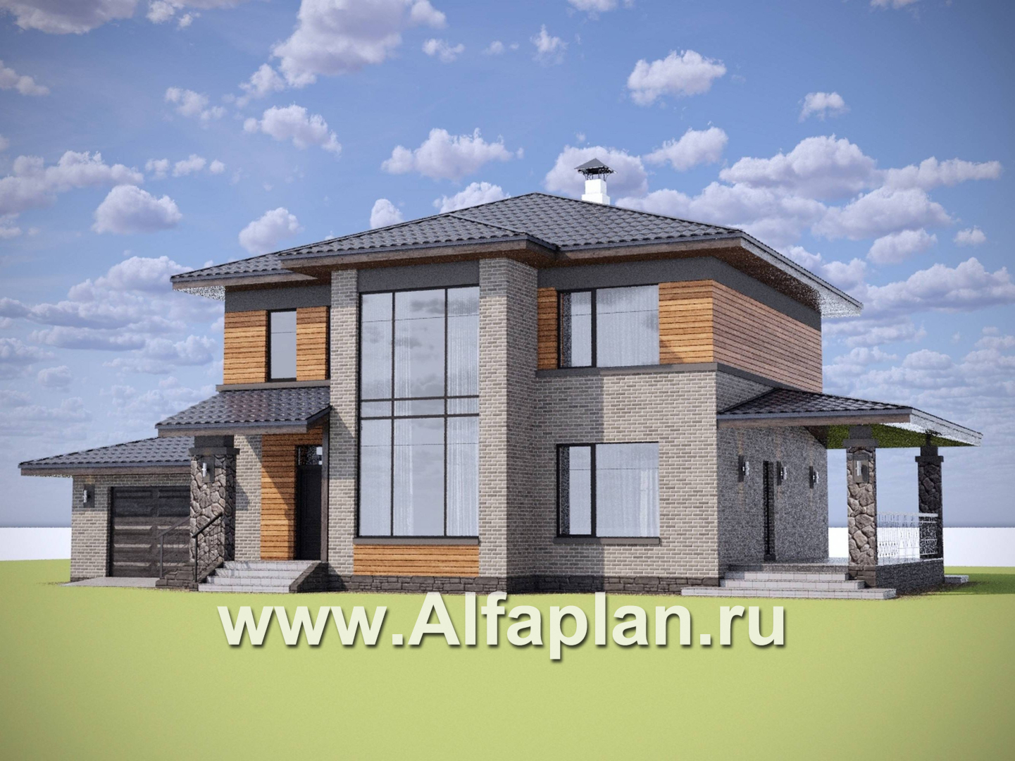 «Компас» - проект двухэтажного дома из газобетона, стеррасой и гаражом, в стиле Райта - дизайн дома №1